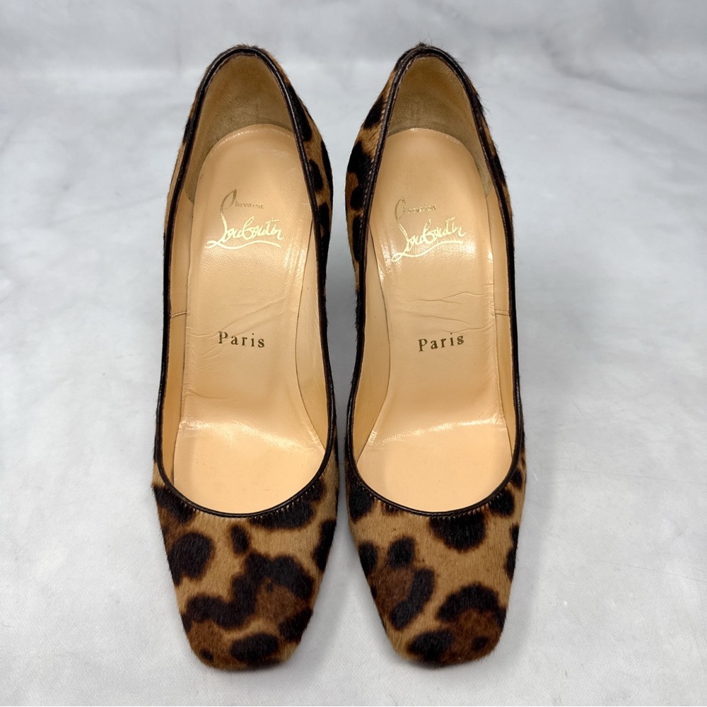 Christian Louboutin Particule 100 Leopard Calf Hair Leather Square Toe Pump Heel